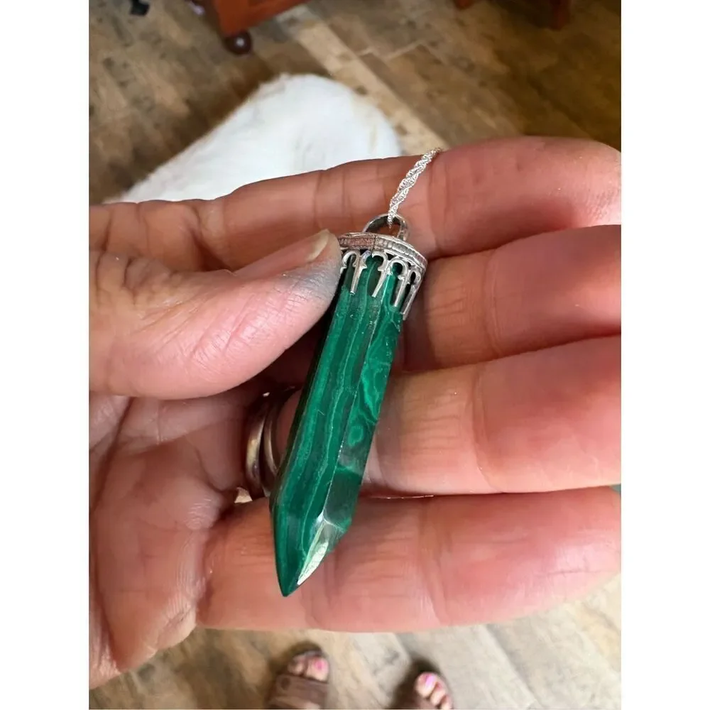 Necklace, Green Malachite Crystal Pendant, Sterling Silver, Handmade, Artisan,